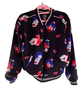 Vince Camuto Black Floral Print Full Zip Bomber Jacket Size Small